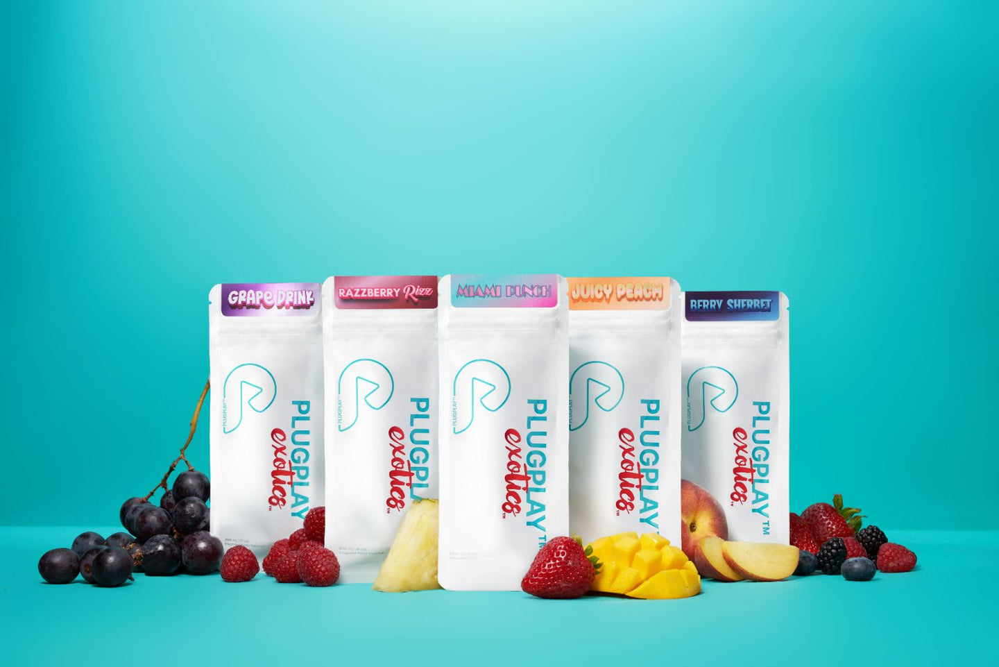 Plugplay fruity flavors all-in-one mylar packaging displayed with fruits for marketing promo.